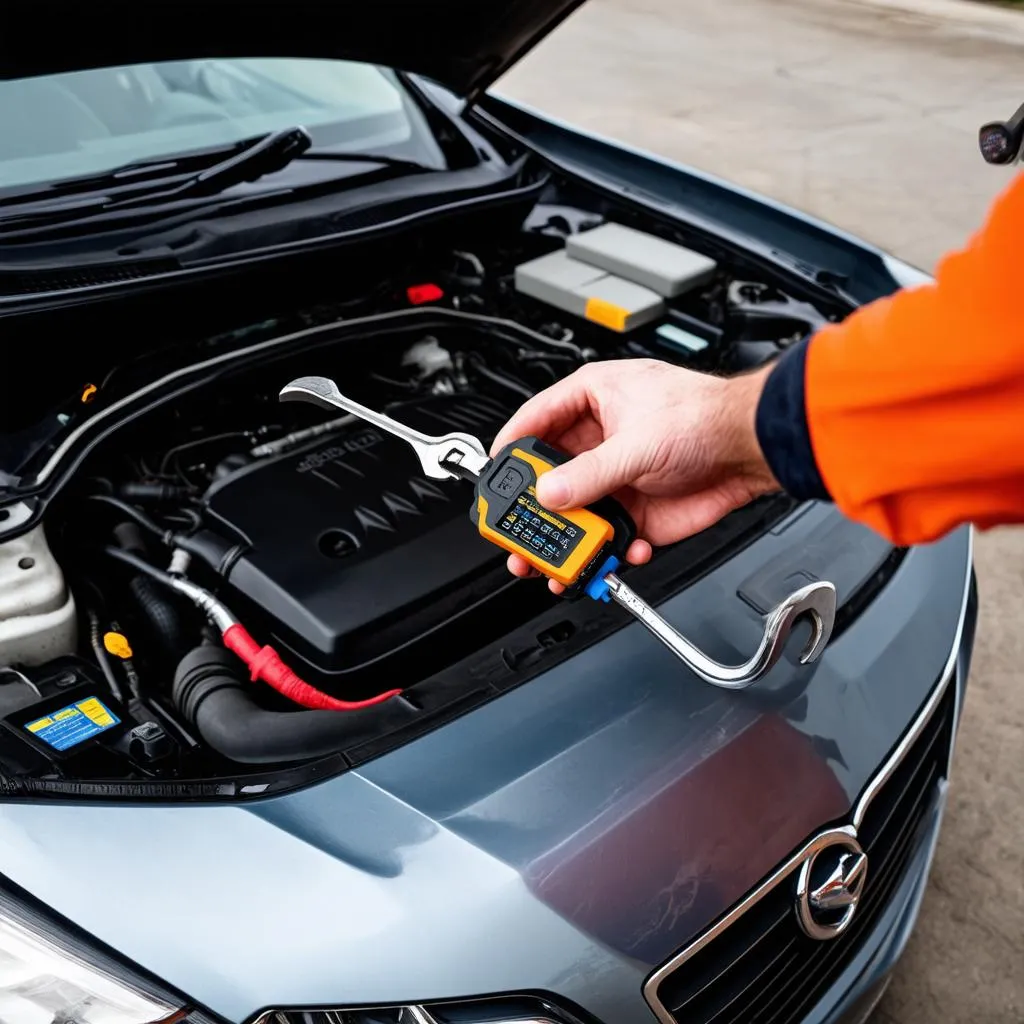 Mechanic using an Equus OBD II code reader to diagnose a car engine