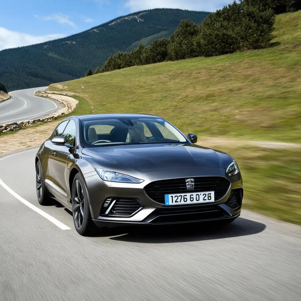 a sleek European car driving on a scenic road