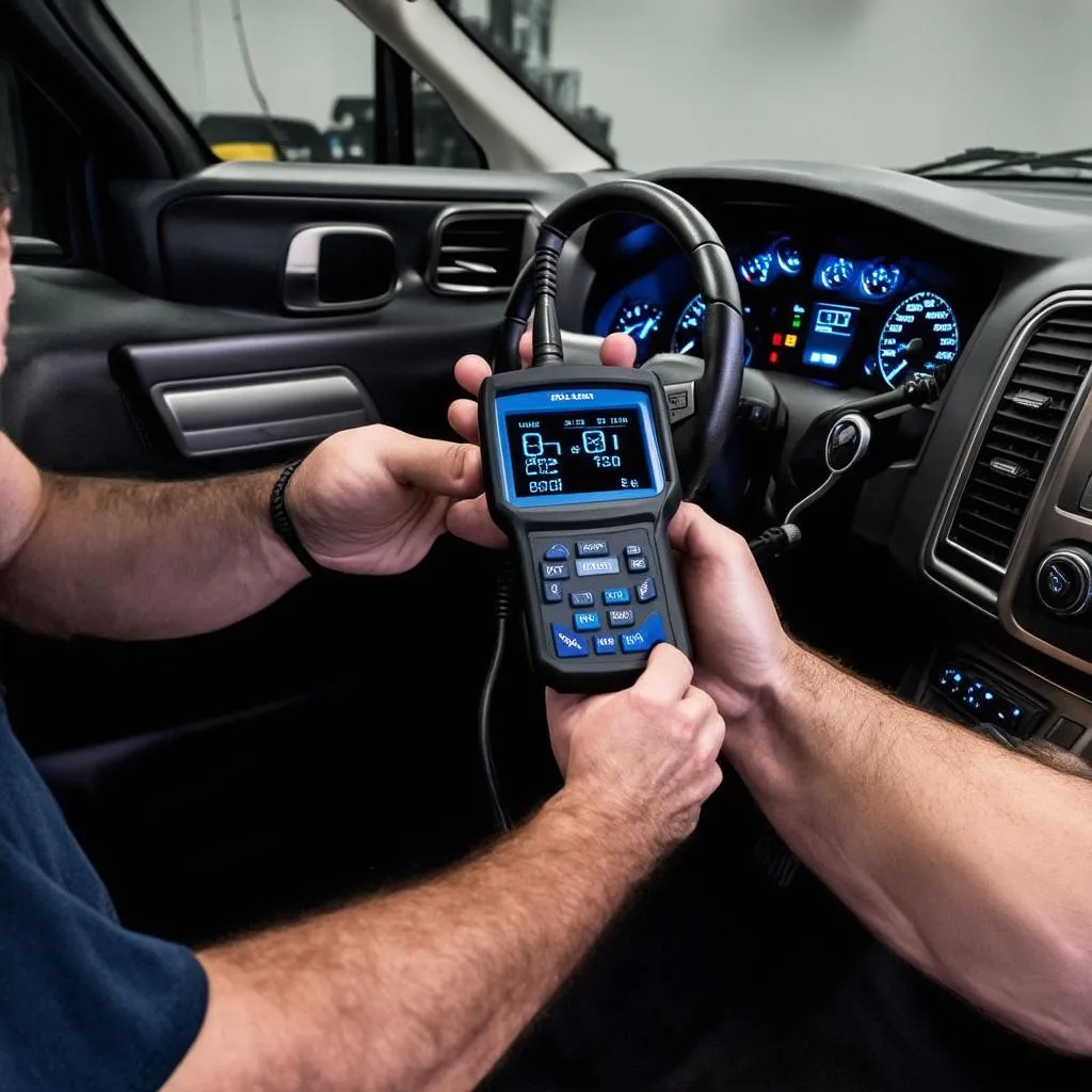 Mechanic using OBD Scanner on a Ford Expedition