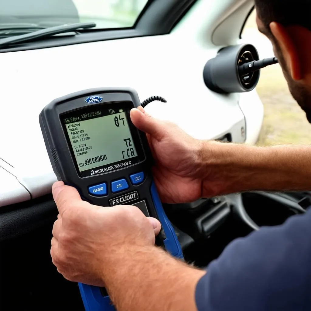 Mechanic using an OBD Scanner on a Ford Explorer