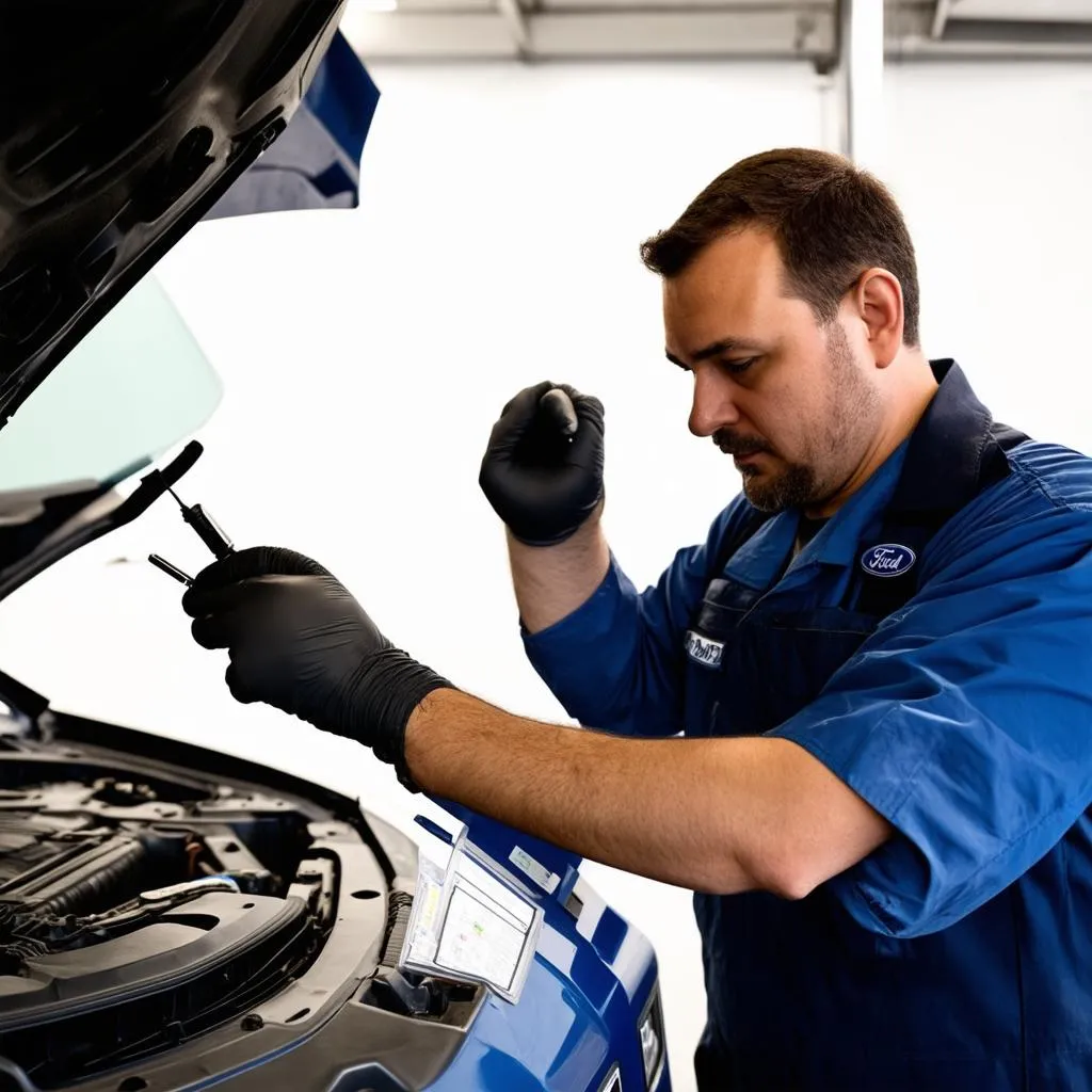 Ford Mechanic Diagnosing a Vehicle