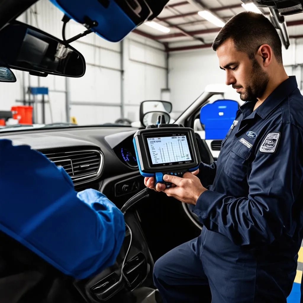 Ford mechanic using a diagnostic tool