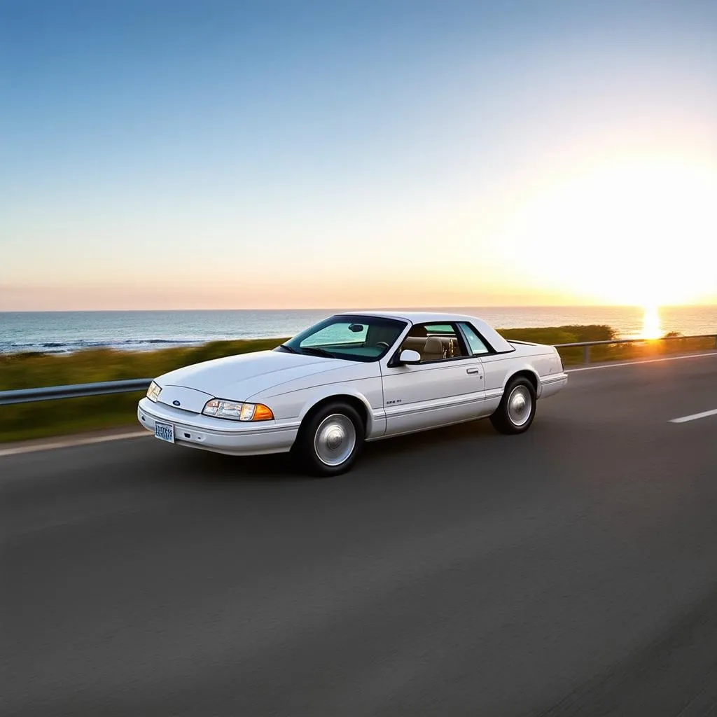 1995 Ford Thunderbird LX driving on a coastal highway