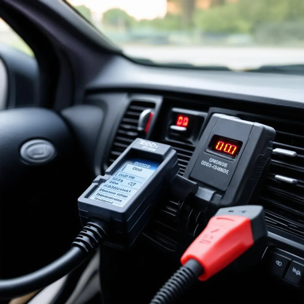 OBD2 code reader plugged into a car's OBD2 port