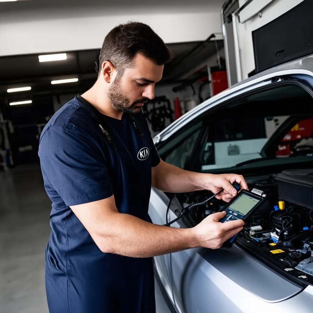 Mechanic Using Diagnostic Tool on Kia EV6