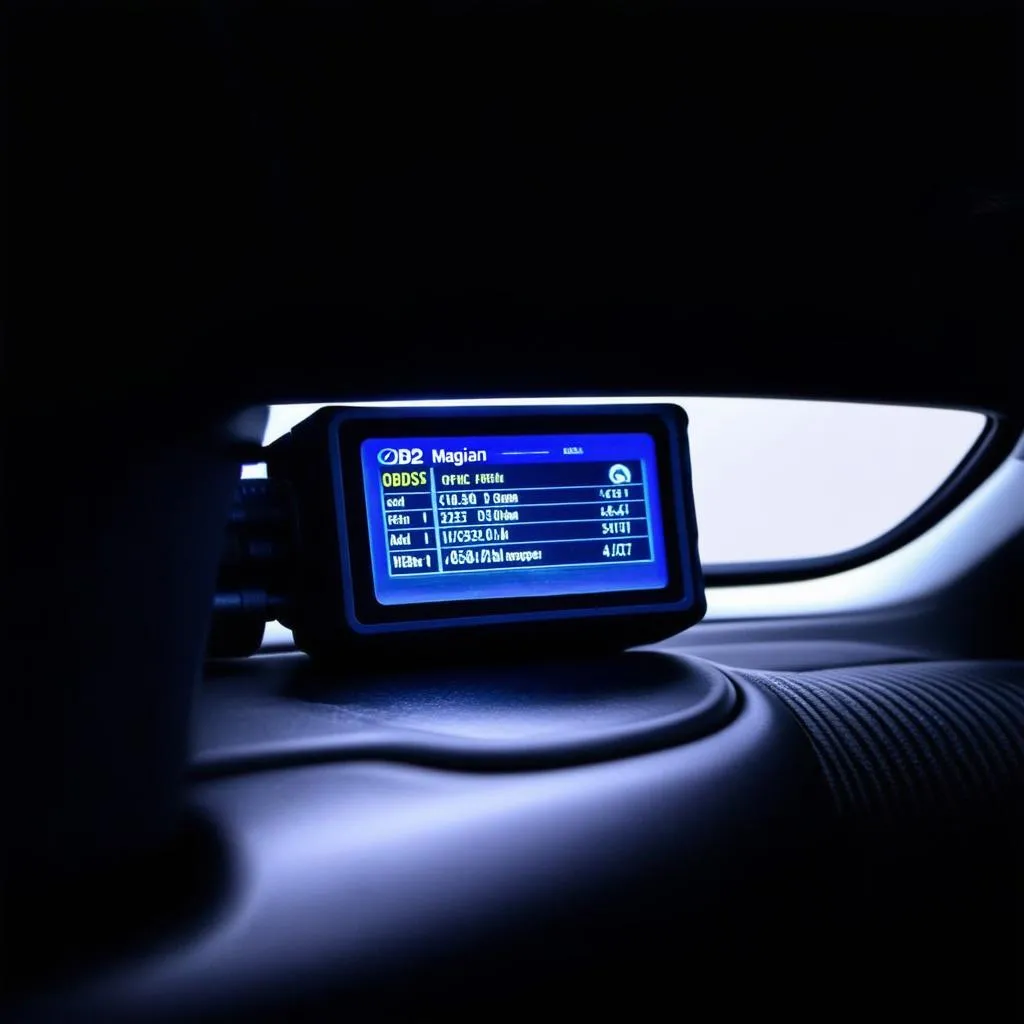 Magician OBD tool plugged into a car's OBD2 port