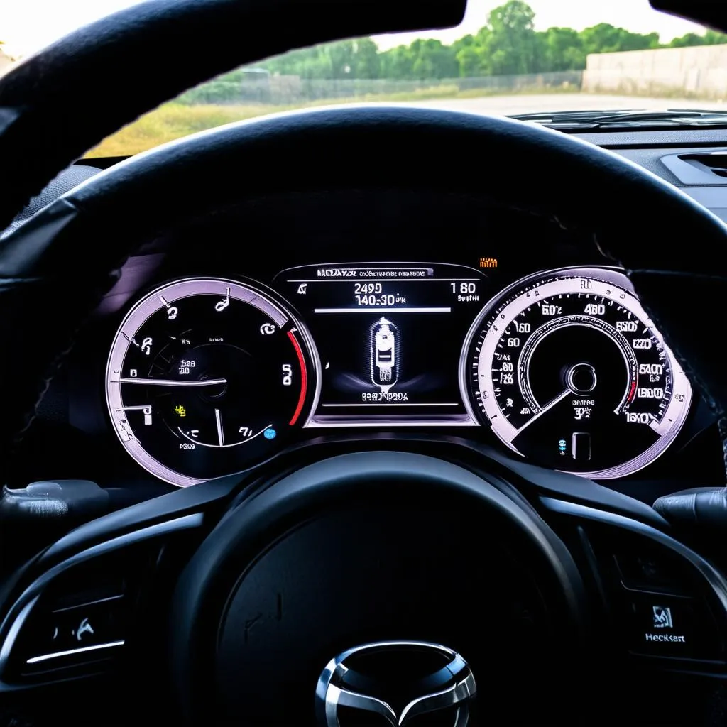 Dashboard of a 2018 Mazda 3 with the &quot;check engine&quot; light illuminated