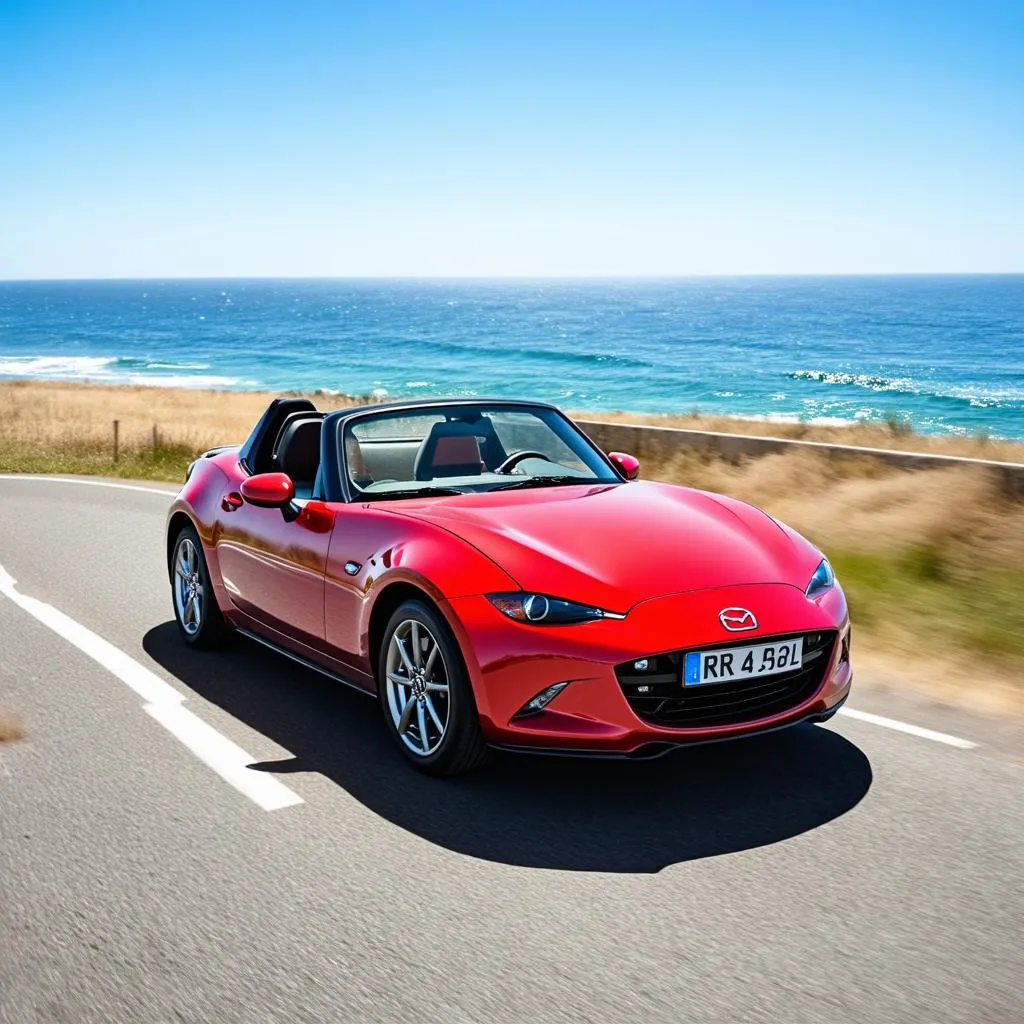 Mazda MX5 driving down a scenic road