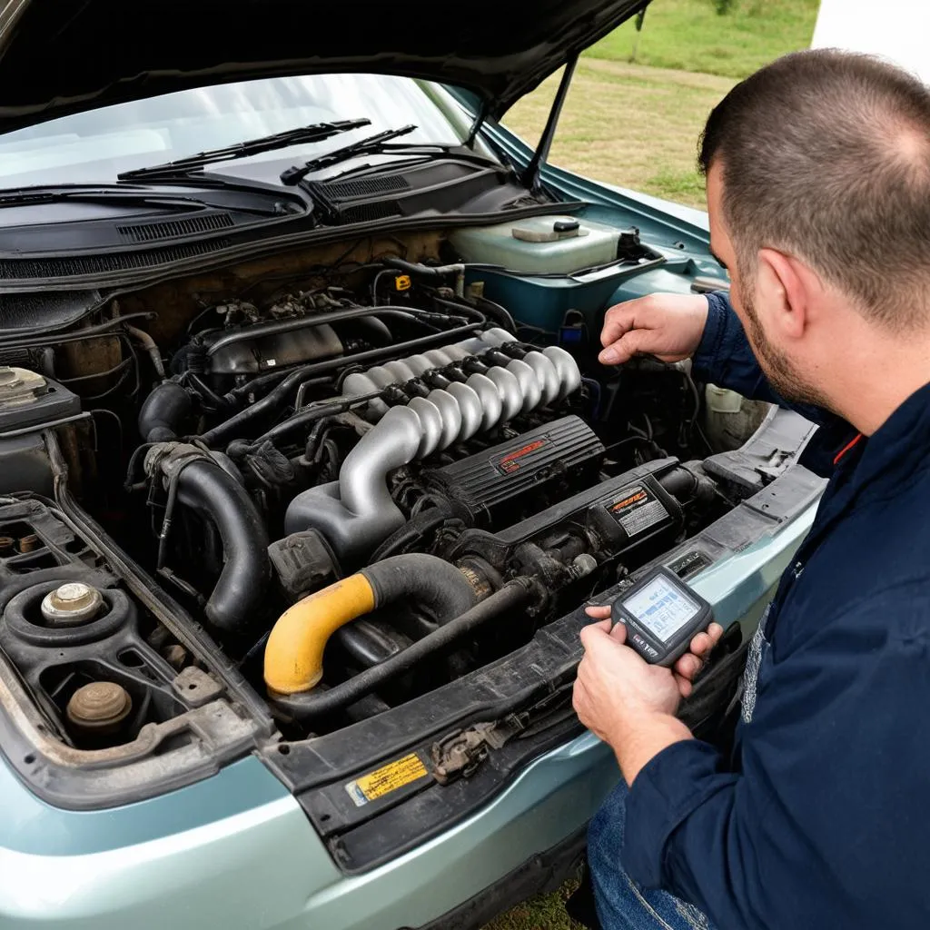 Mechanic Diagnosing a 1995 Car