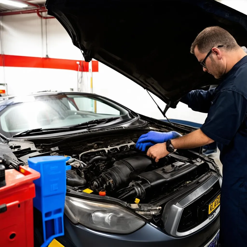 Mechanic working on the engine of a 2006 Ford Focus ZX4