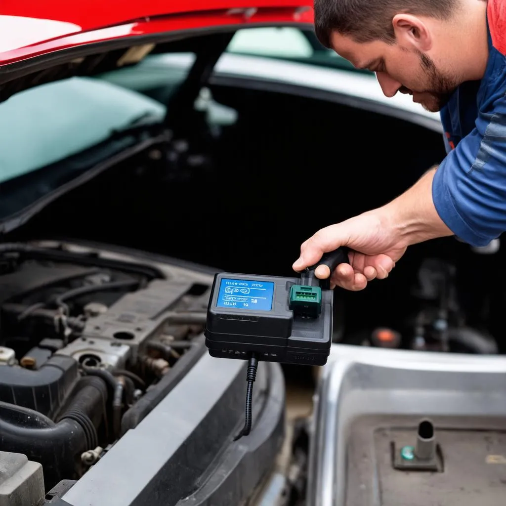 Mechanic Using OBD Scanner on a Car