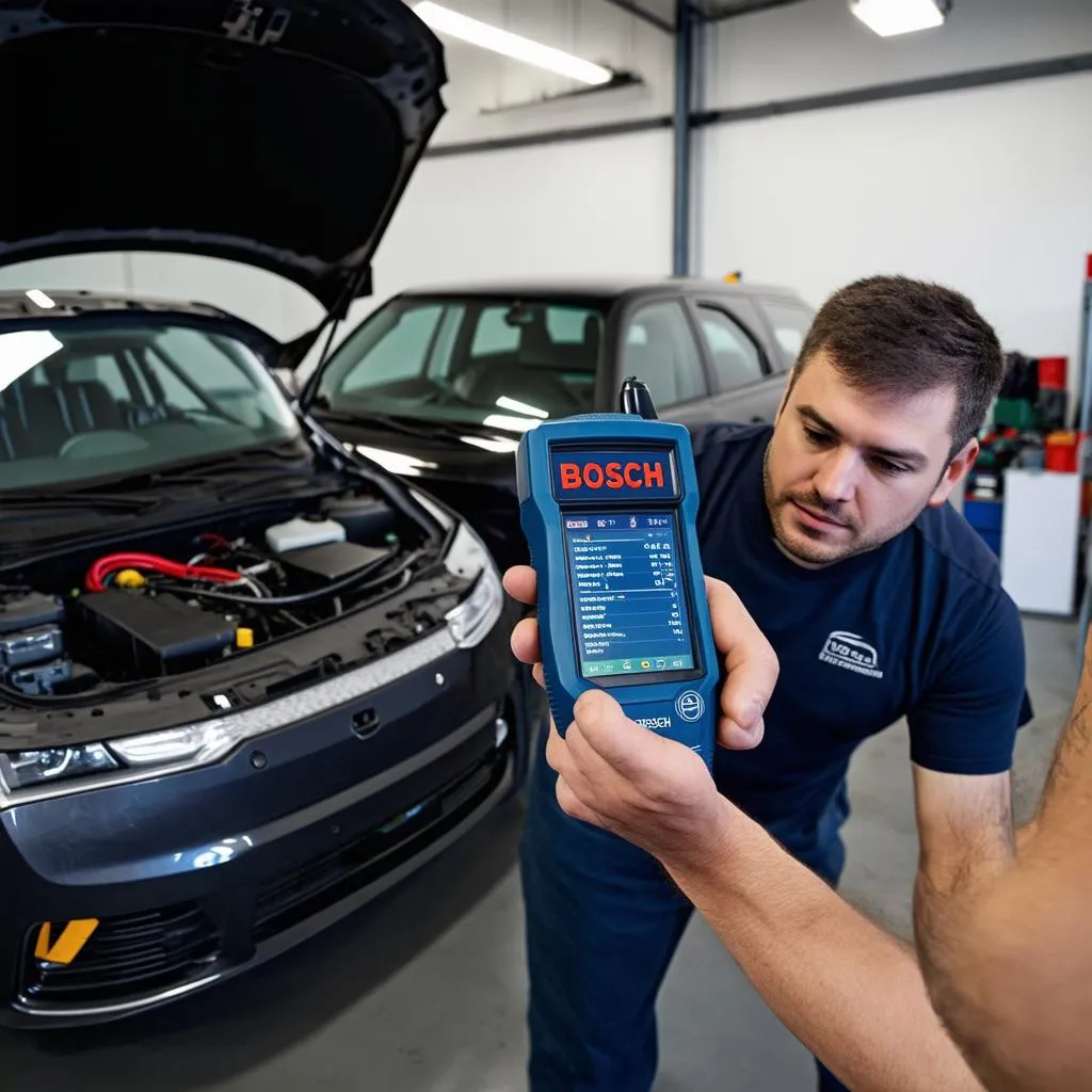 Mechanic Analyzing Data on OBD Scanner