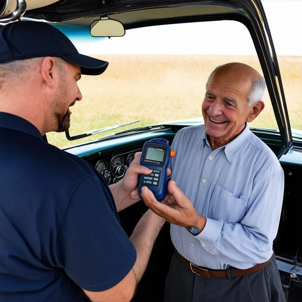 Car Owner and Mechanic Discussing OBD1 Scanner Results