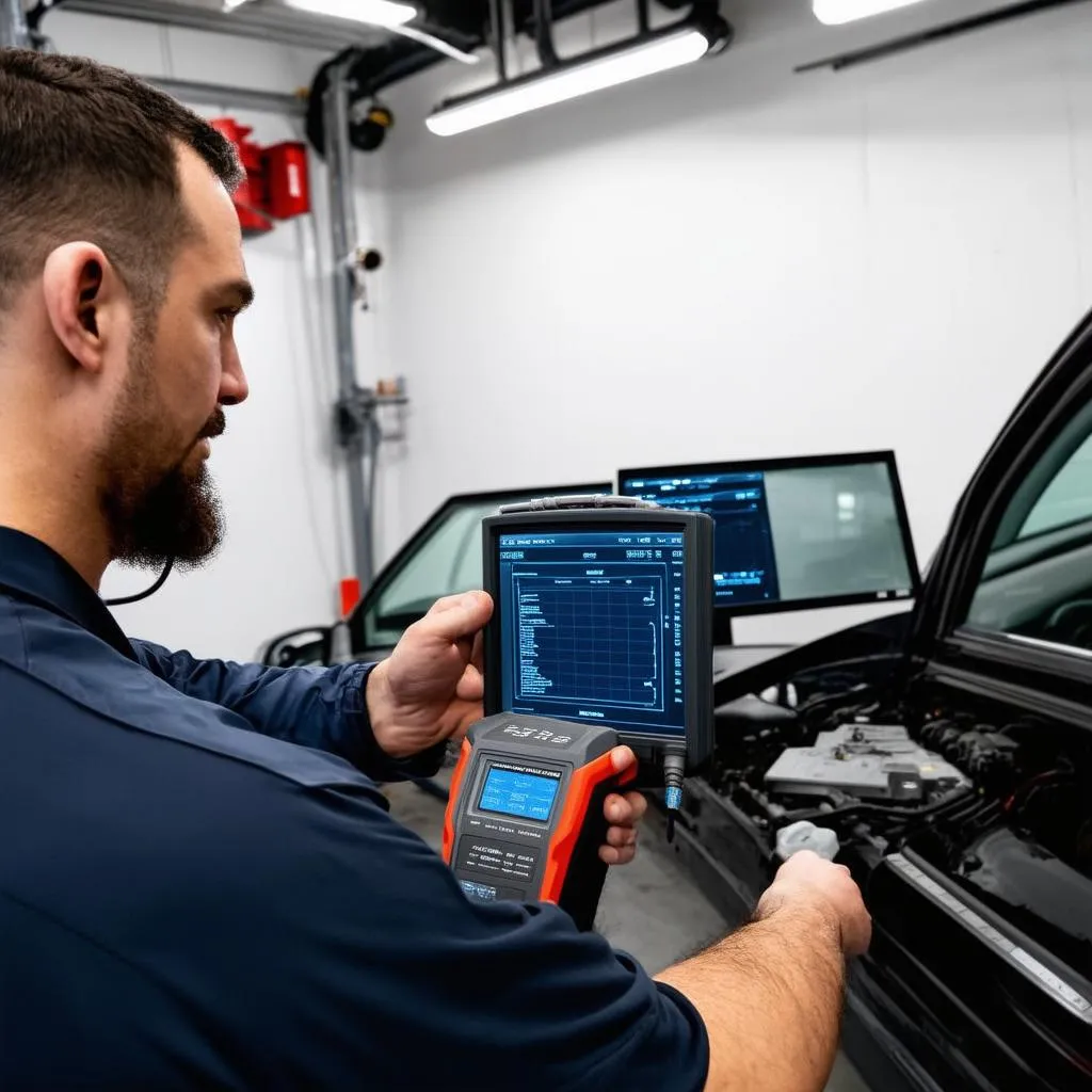 Mechanic using a diagnostic tool on a car