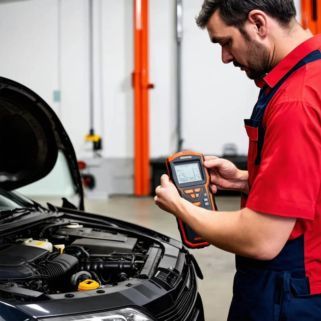 Mechanic checking car engine