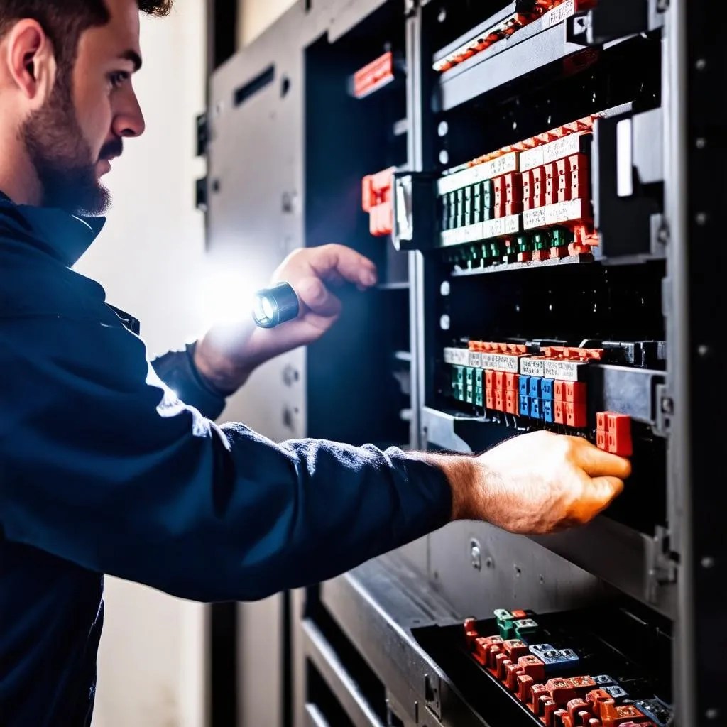 mechanic inspecting car fuses