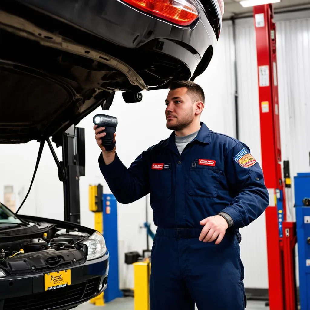 Mechanic checking car engine