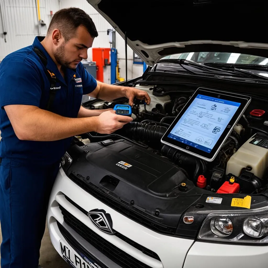 Mechanic inspecting a Russian car