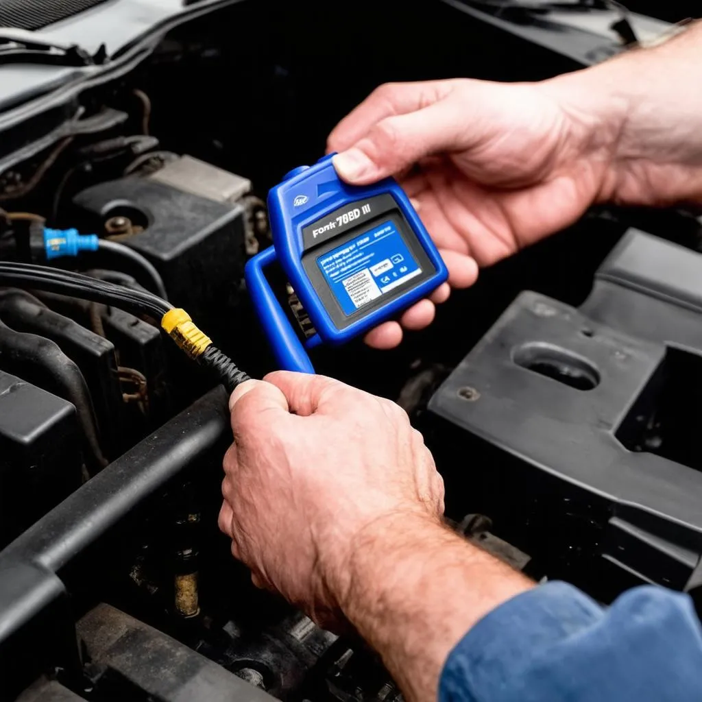 Mechanic using an OBD II scanner on a Ford Explorer