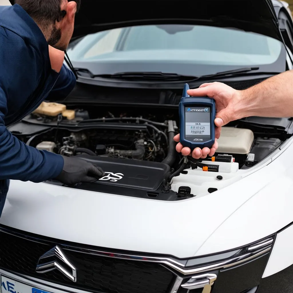 Mechanic connecting OBD scanner to Citroën DS4