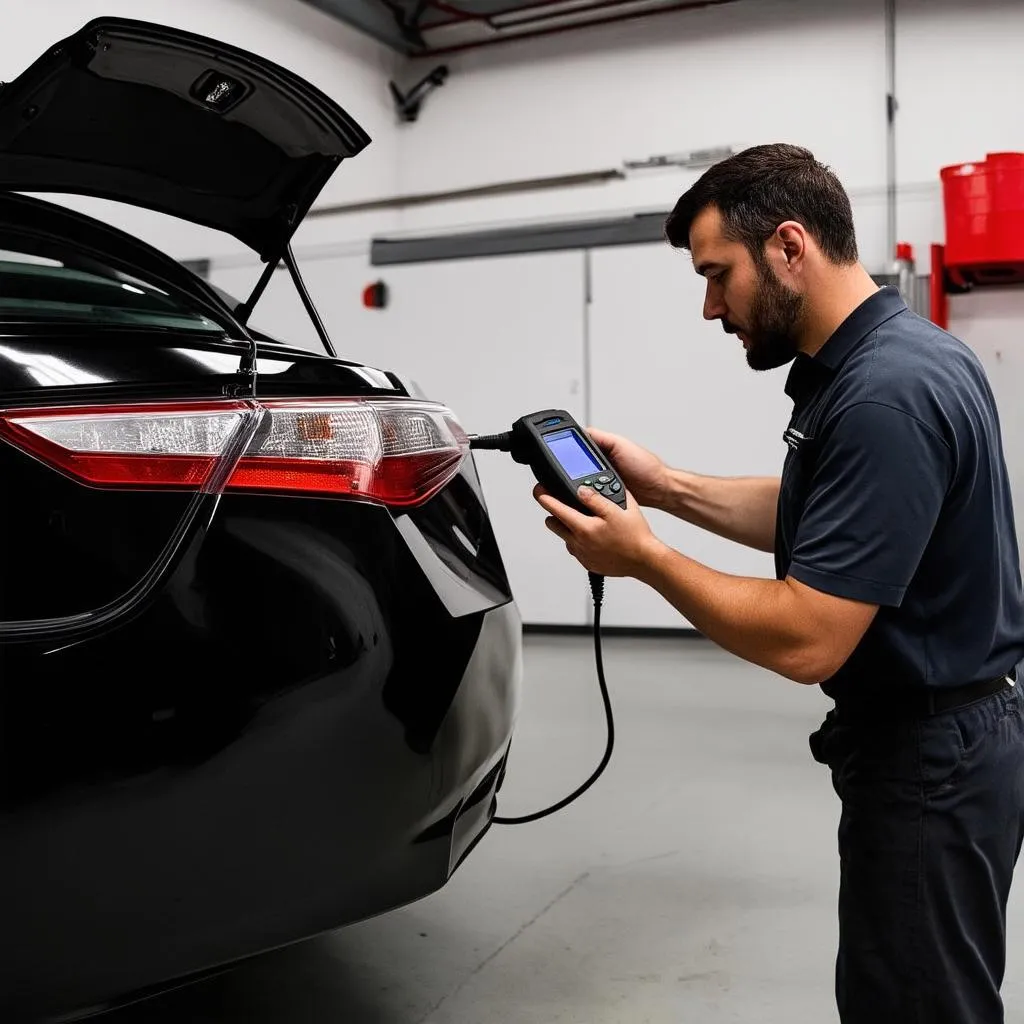 Mechanic Connecting OBD Scanner to 2015 Toyota Camry