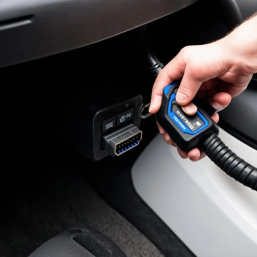 Mechanic connecting an OBD scanner to the port under the dashboard of a car