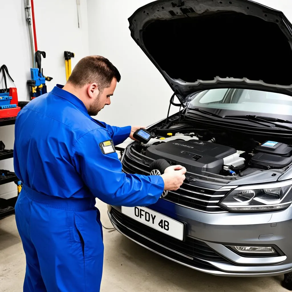 Mechanic Connecting OBD Scanner VW Passat