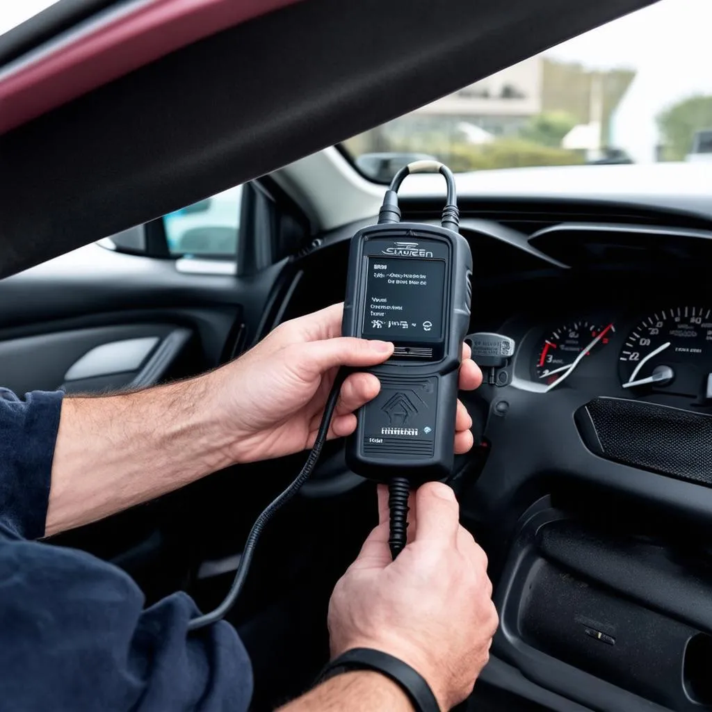 Mechanic connecting an OBD2 scanner to a Citroen C4 Grand Picasso