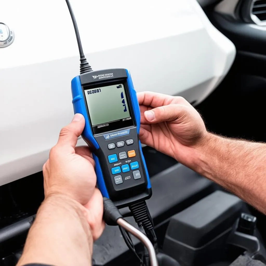 Car mechanic using an OBD-II scanner for diagnostics.