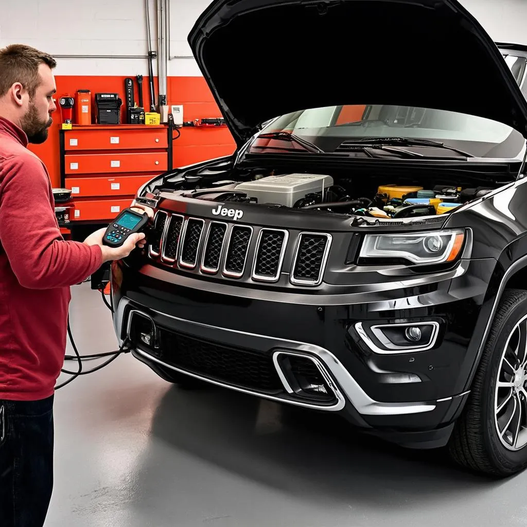 Mechanic Connecting Scanner to Jeep Grand Cherokee OBD Port