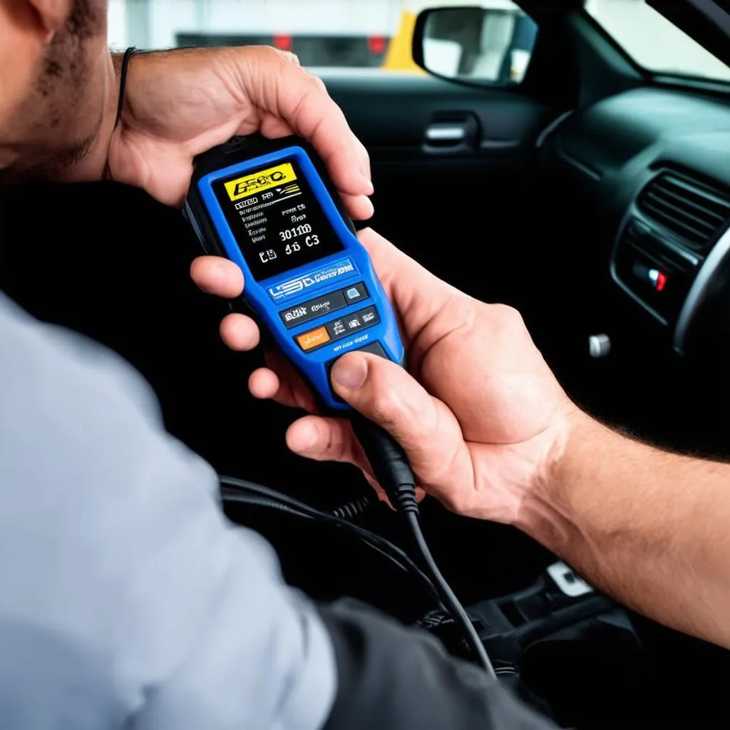 Mechanic Diagnosing Car with OBD Scanner