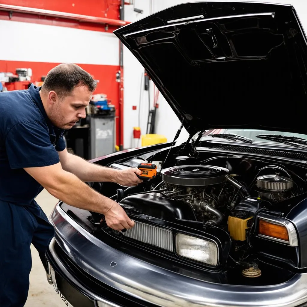 Mechanic diagnosing car