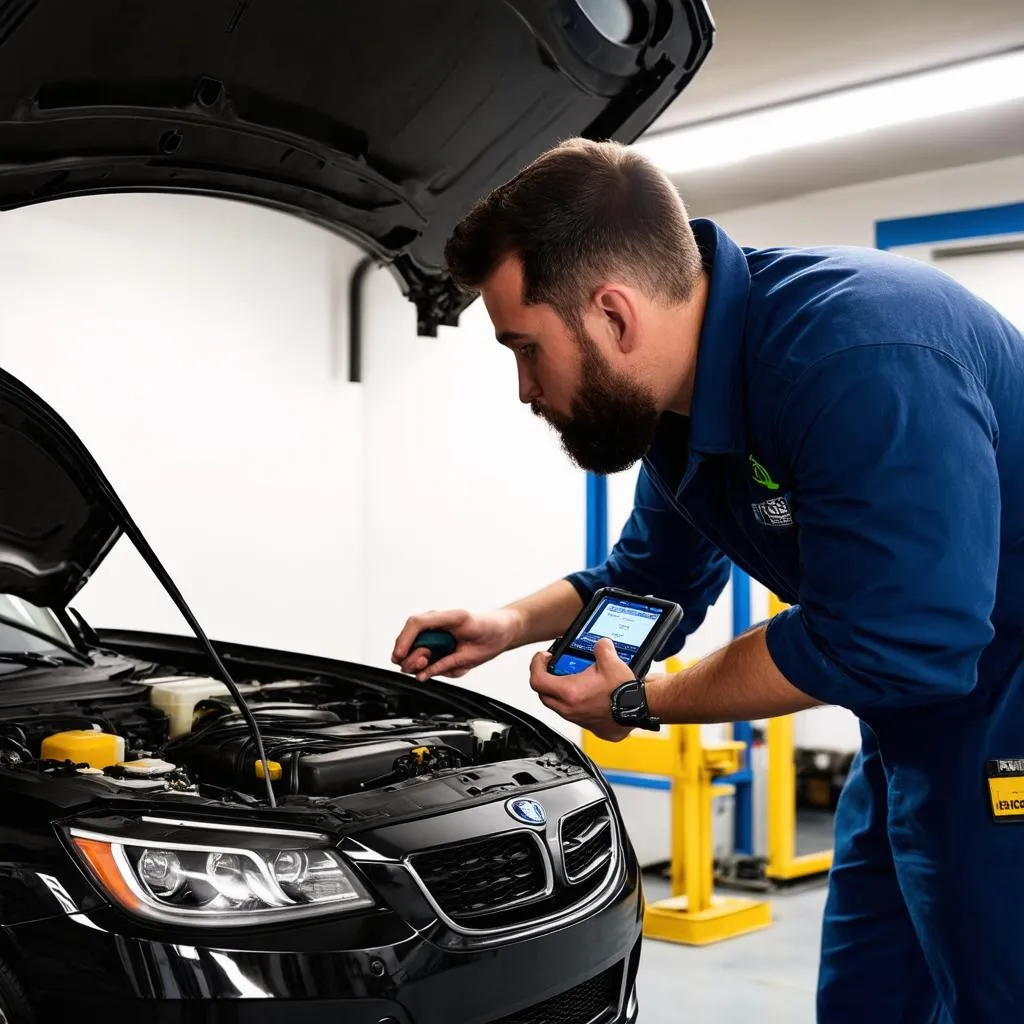 Mechanic Diagnosing Car with Scanner