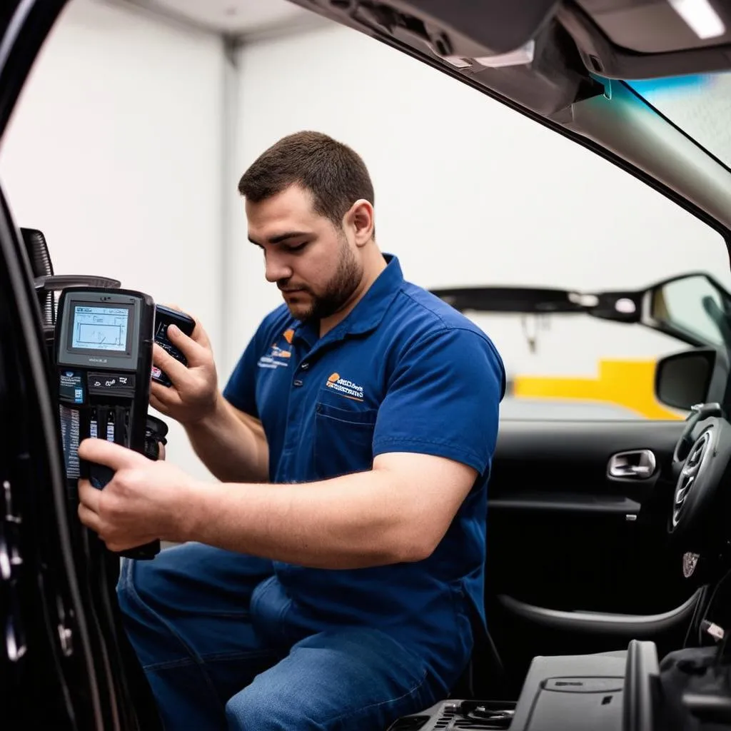 Mechanic Diagnosing Car