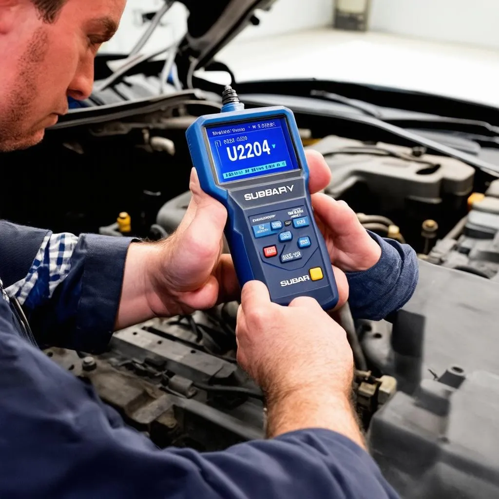 Mechanic using diagnostic tool on Subaru