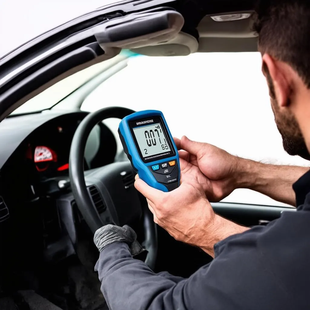 Mechanic using an OBD scanner to diagnose a car