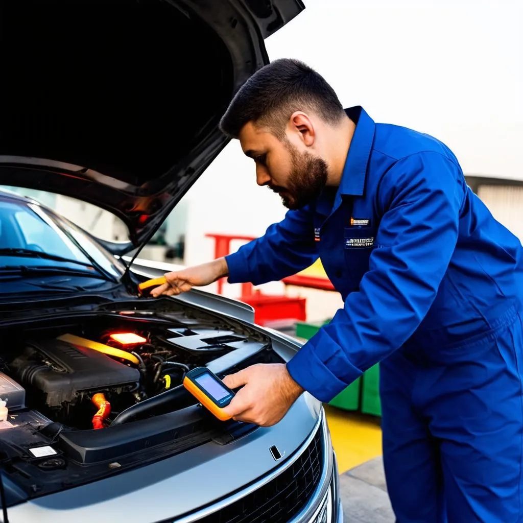 Mechanic Diagnosing Car Issue