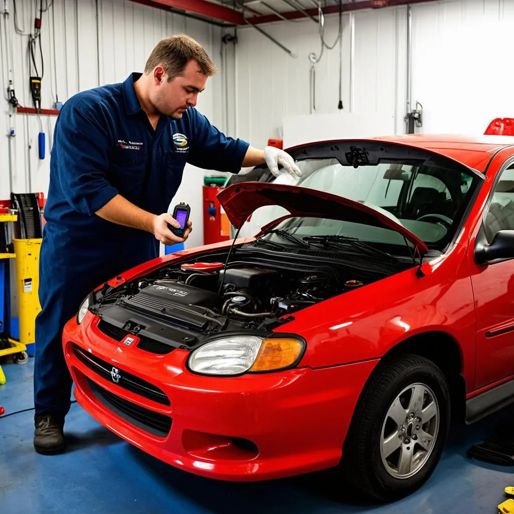 Mechanic diagnosing Dodge Neon