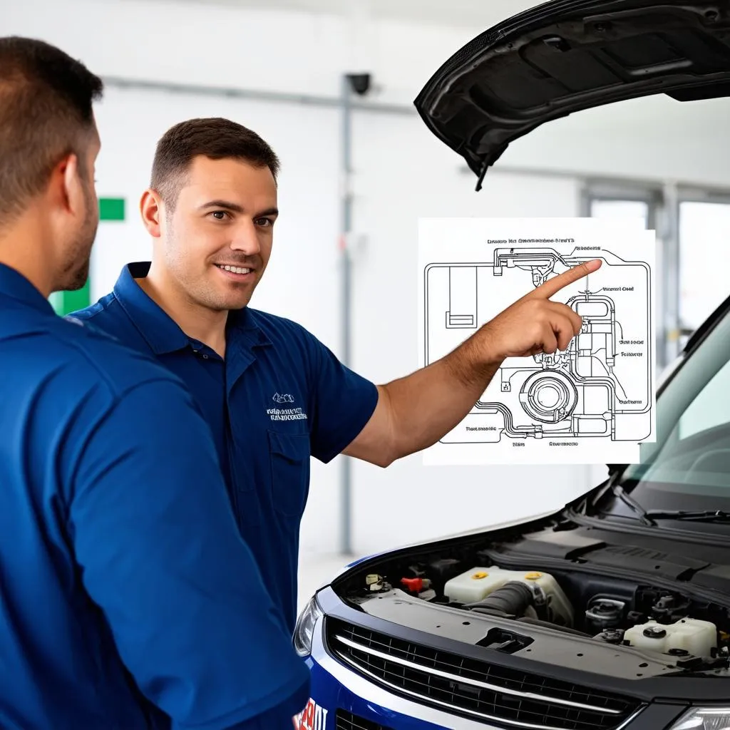 Mechanic explaining car problem to customer