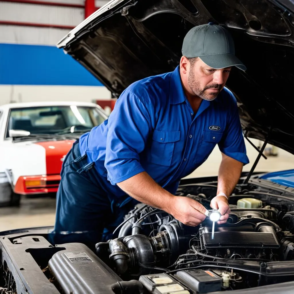 Mechanic Inspecting 1984 Mustang Engine