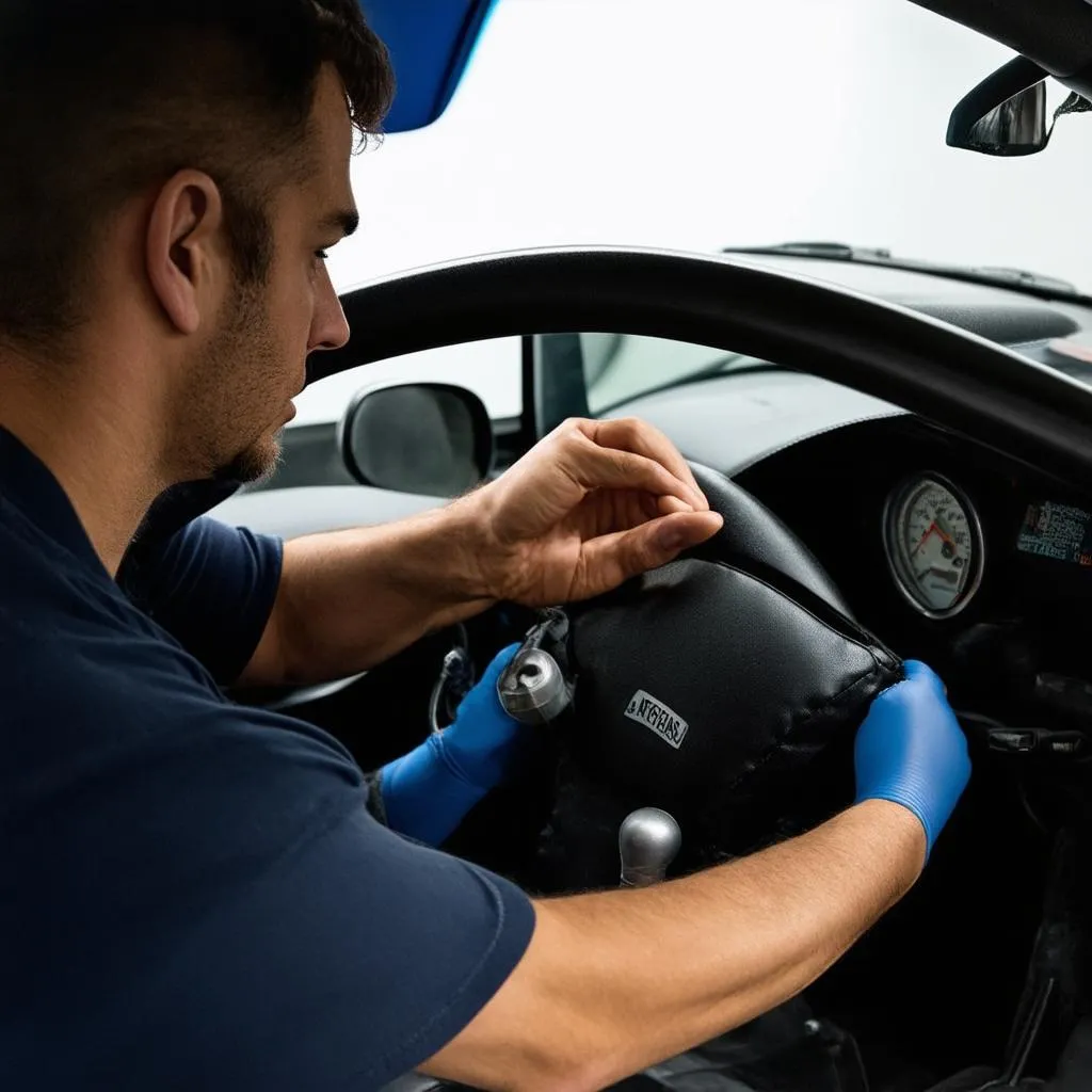 Mechanic inspecting airbag system