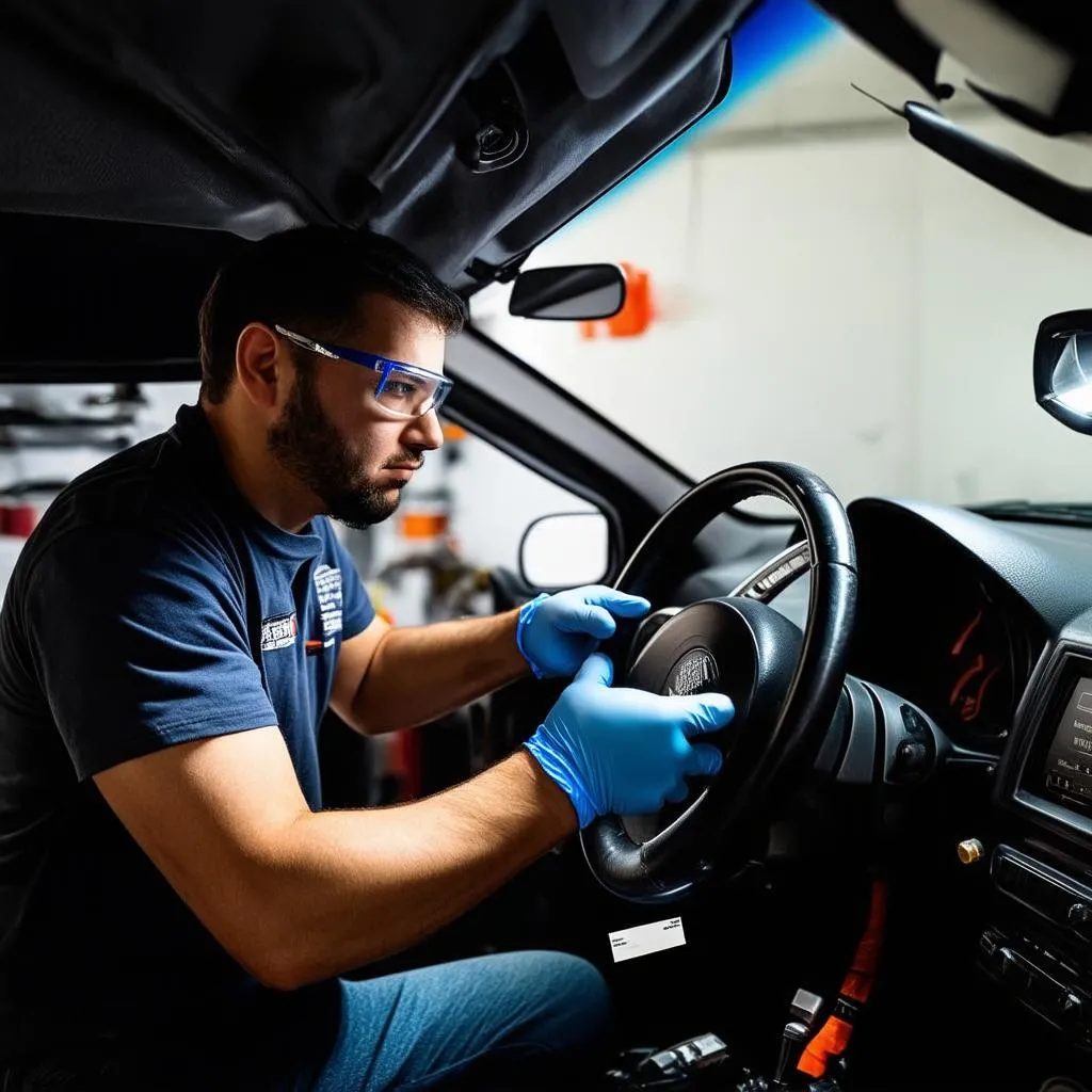 Mechanic Inspecting Airbag