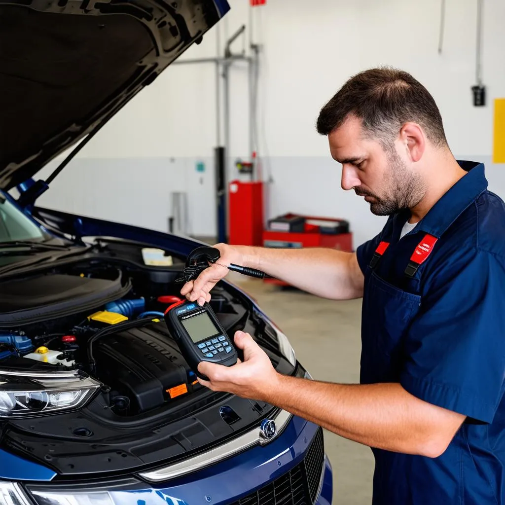 Mechanic inspecting a car with a diagnostic tool