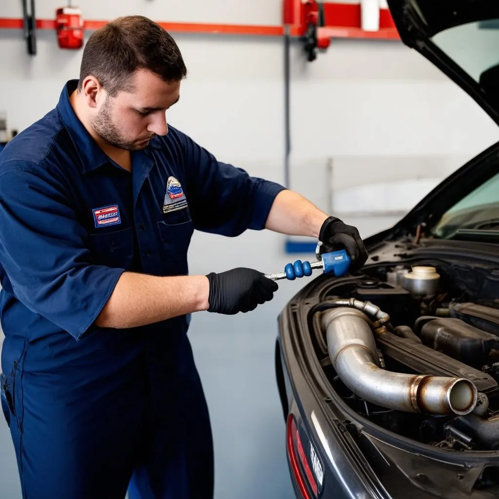 Mechanic inspecting car