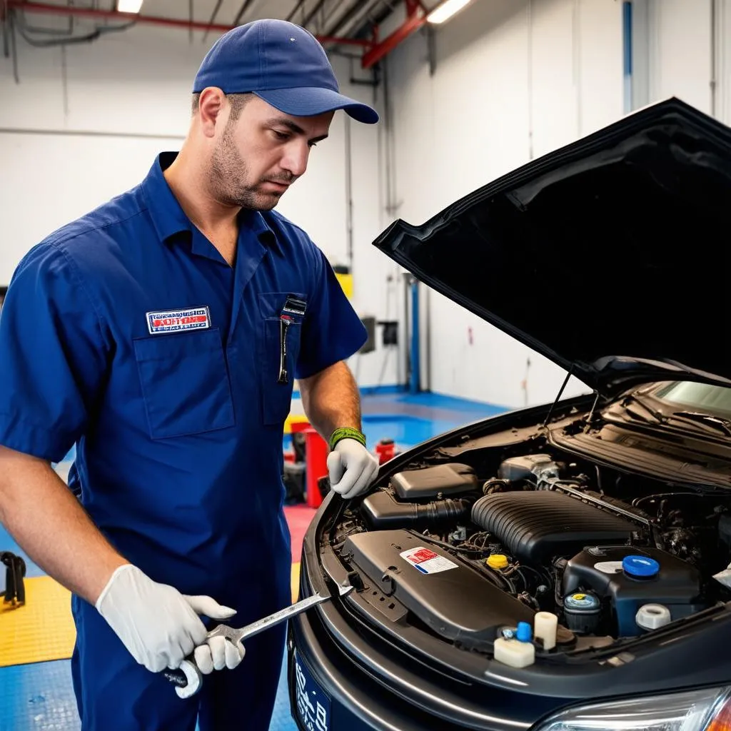 Mechanic Inspecting a Car Engine