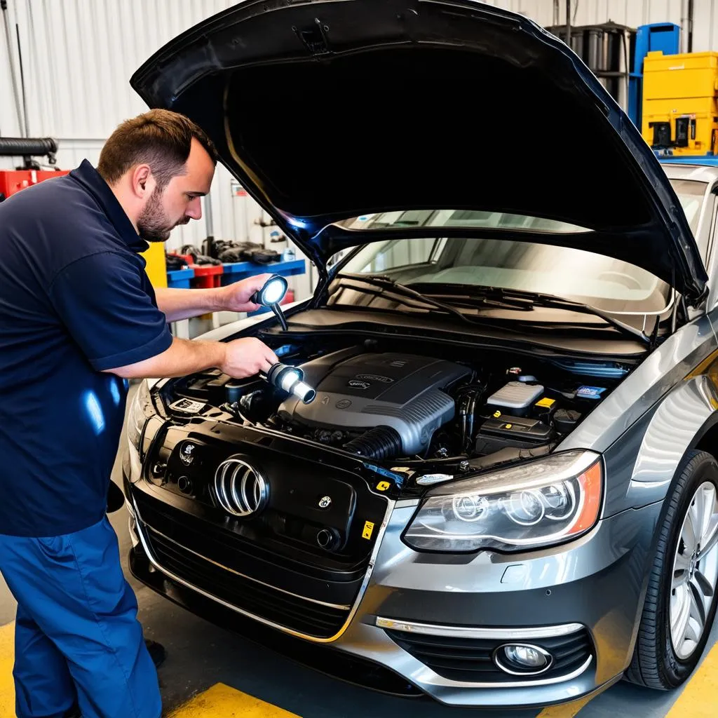 Mechanic Inspecting a European Car Engine