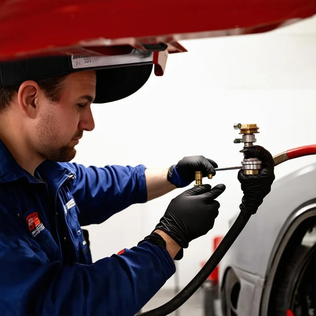 Mechanic inspecting a fuel sensor