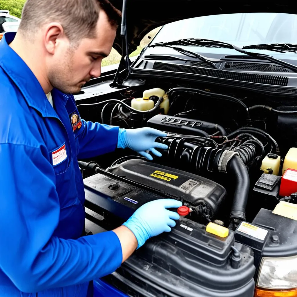 Mechanic Inspecting Jeep ZJ Engine Bay