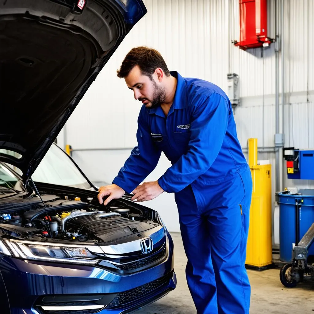 Mechanic Inspecting Transmission