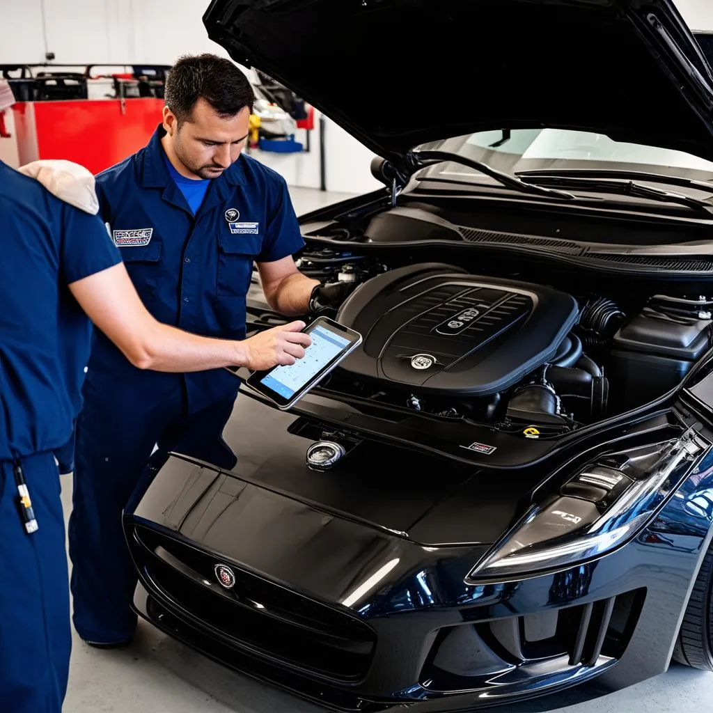 Mechanic Using OBD2 Scanner on Jaguar